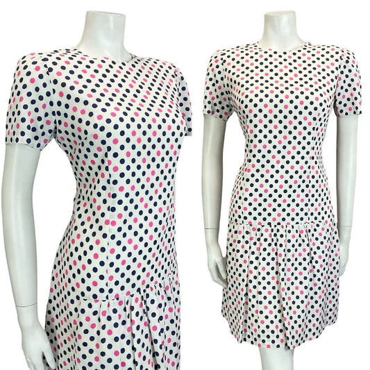 VTG 60S WHITE PINK NAVY BLUE MOD POLKA DOT GEOMETRIC DROPPED WAIST MINI DRESS 12