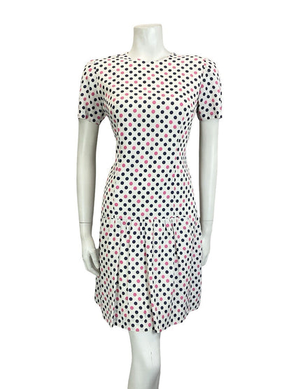 VTG 60S WHITE PINK NAVY BLUE MOD POLKA DOT GEOMETRIC DROPPED WAIST MINI DRESS 12