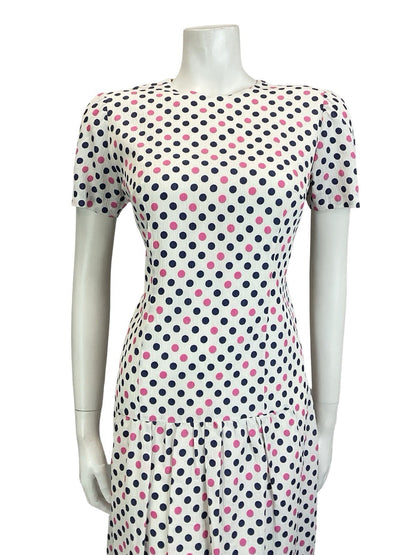 VTG 60S WHITE PINK NAVY BLUE MOD POLKA DOT GEOMETRIC DROPPED WAIST MINI DRESS 12