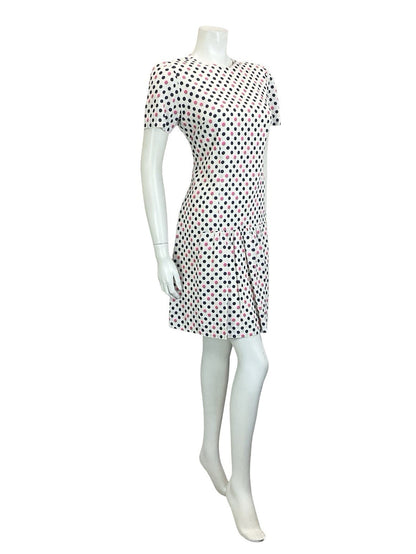 VTG 60S WHITE PINK NAVY BLUE MOD POLKA DOT GEOMETRIC DROPPED WAIST MINI DRESS 12