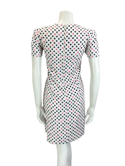 VTG 60S WHITE PINK NAVY BLUE MOD POLKA DOT GEOMETRIC DROPPED WAIST MINI DRESS 12