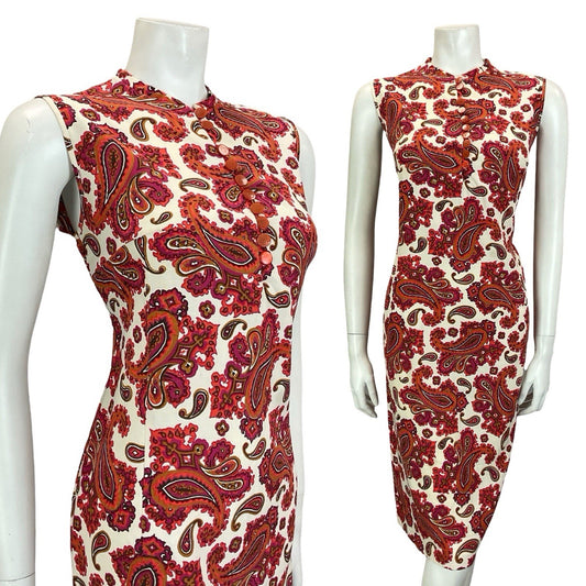 VTG 60S WHITE RED PINK BROWN PAISLEY PSYCHEDELIC COTTON SHIFT DRESS 14
