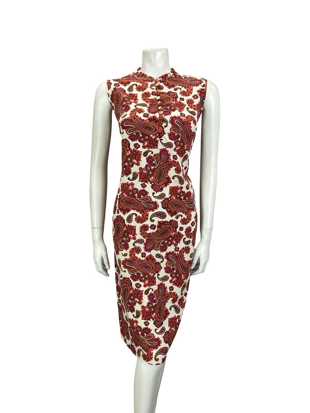 VTG 60S WHITE RED PINK BROWN PAISLEY PSYCHEDELIC COTTON SHIFT DRESS 14