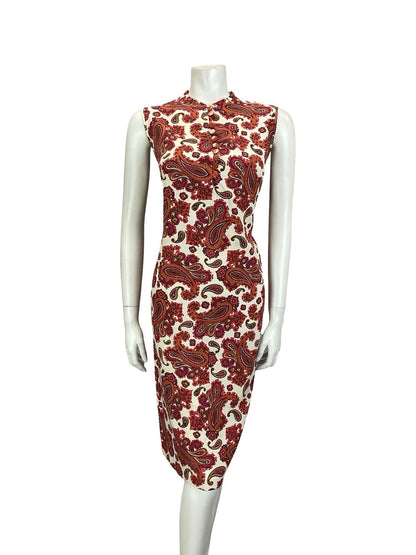 VTG 60S WHITE RED PINK BROWN PAISLEY PSYCHEDELIC COTTON SHIFT DRESS 14