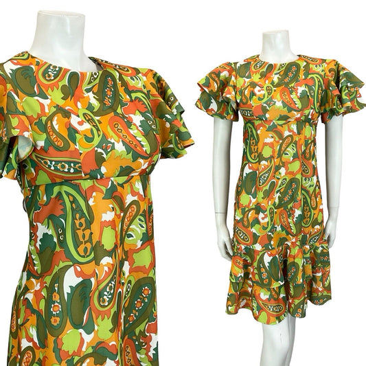 VTG 60S 70S GREEN ORANGE RED PSYCHEDELIC PAISLEY EMPIRE ANGEL SLEEVE DRESS 8