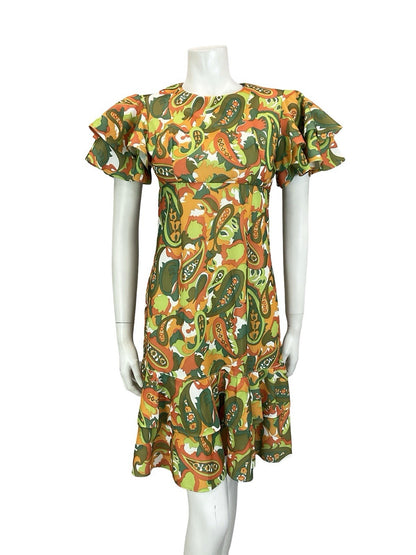VTG 60S 70S GREEN ORANGE RED PSYCHEDELIC PAISLEY EMPIRE ANGEL SLEEVE DRESS 8