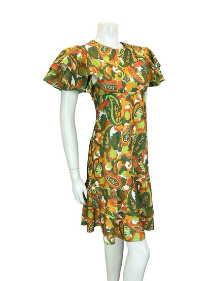 VTG 60S 70S GREEN ORANGE RED PSYCHEDELIC PAISLEY EMPIRE ANGEL SLEEVE DRESS 8