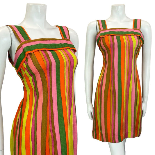 VTG 60S 70S MOD GREEN PINK YELLOW ORANGE STRIPED STRAPPY SUN DRESS 10