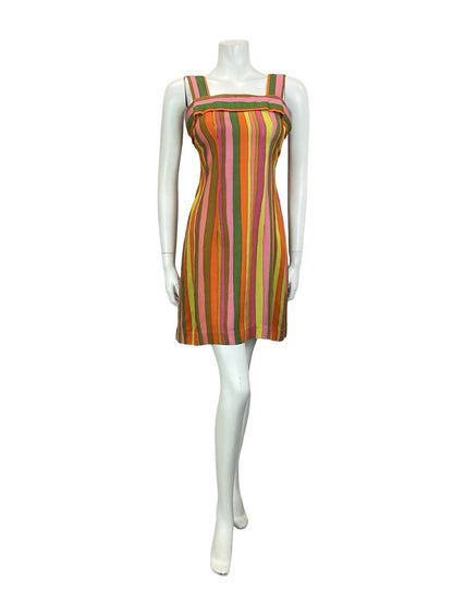 VTG 60S 70S MOD GREEN PINK YELLOW ORANGE STRIPED STRAPPY SUN DRESS 10