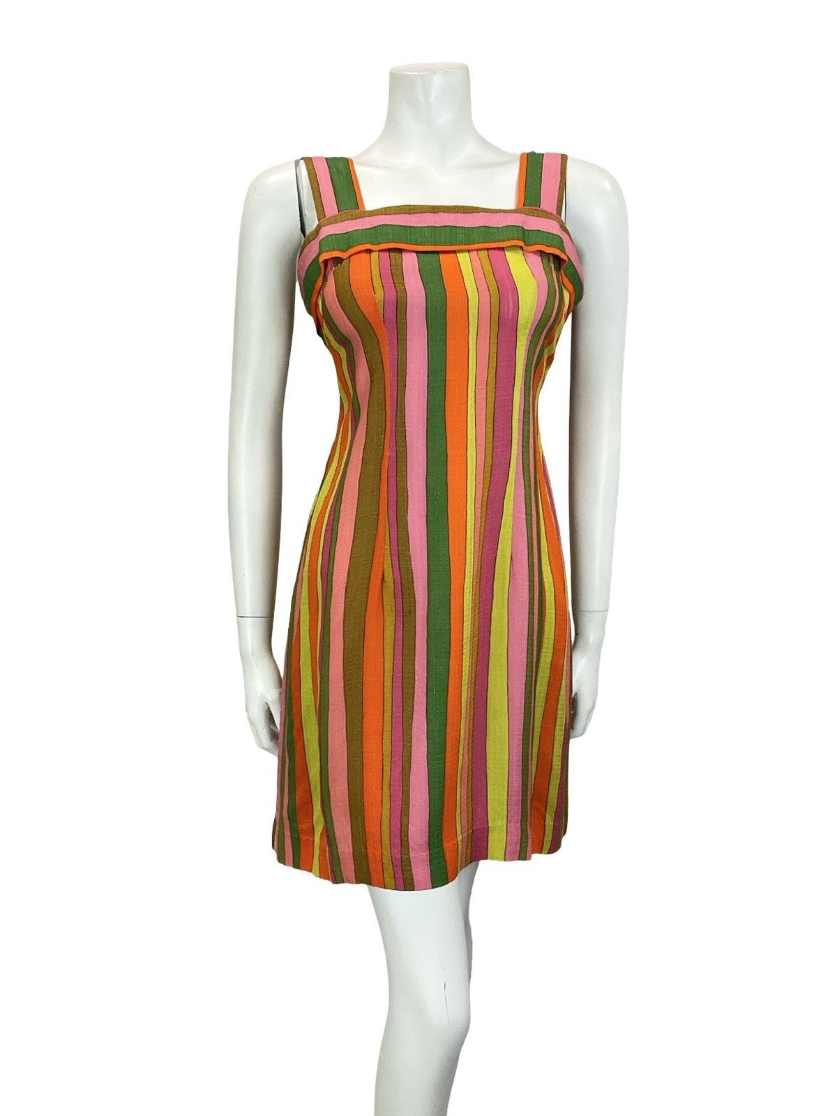 VTG 60S 70S MOD GREEN PINK YELLOW ORANGE STRIPED STRAPPY SUN DRESS 10