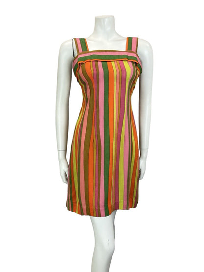 VTG 60S 70S MOD GREEN PINK YELLOW ORANGE STRIPED STRAPPY SUN DRESS 10