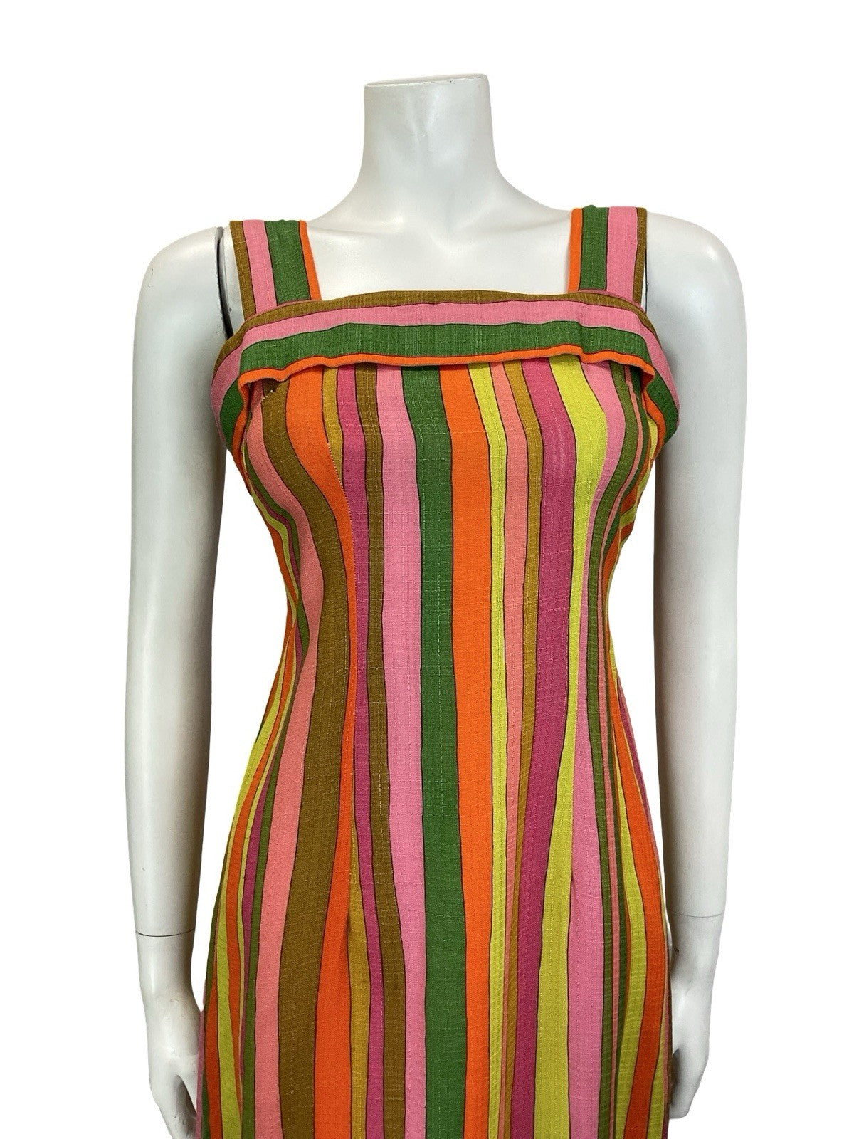 VTG 60S 70S MOD GREEN PINK YELLOW ORANGE STRIPED STRAPPY SUN DRESS 10