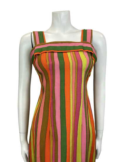 VTG 60S 70S MOD GREEN PINK YELLOW ORANGE STRIPED STRAPPY SUN DRESS 10