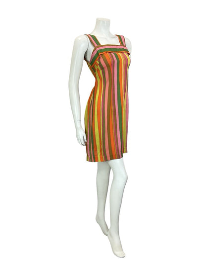 VTG 60S 70S MOD GREEN PINK YELLOW ORANGE STRIPED STRAPPY SUN DRESS 10