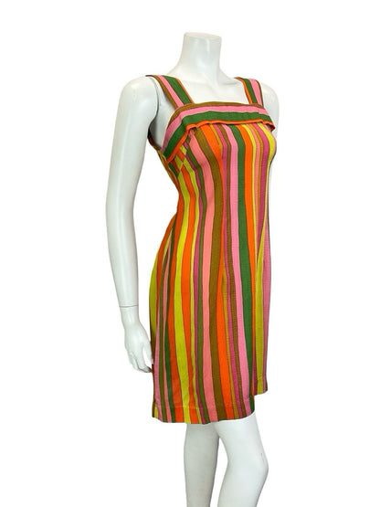 VTG 60S 70S MOD GREEN PINK YELLOW ORANGE STRIPED STRAPPY SUN DRESS 10