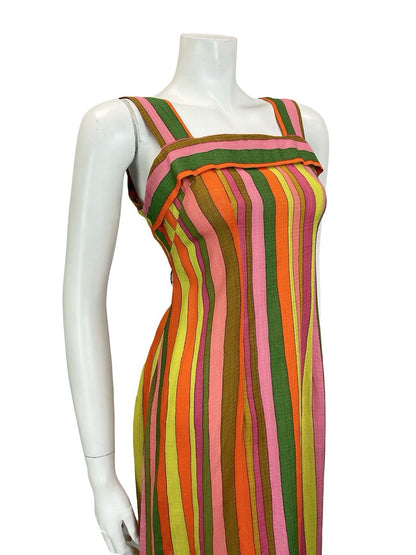 VTG 60S 70S MOD GREEN PINK YELLOW ORANGE STRIPED STRAPPY SUN DRESS 10