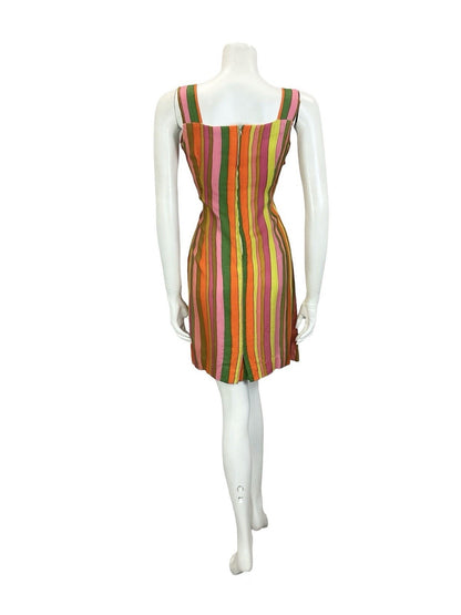 VTG 60S 70S MOD GREEN PINK YELLOW ORANGE STRIPED STRAPPY SUN DRESS 10