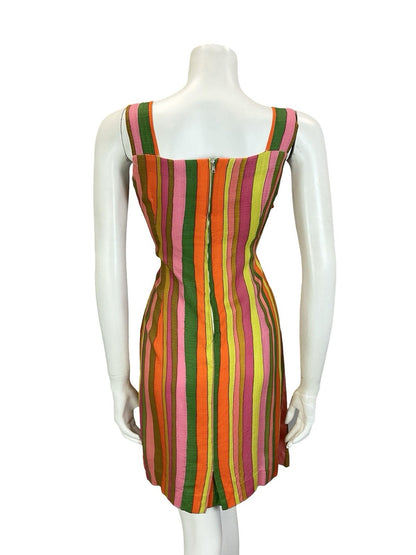VTG 60S 70S MOD GREEN PINK YELLOW ORANGE STRIPED STRAPPY SUN DRESS 10
