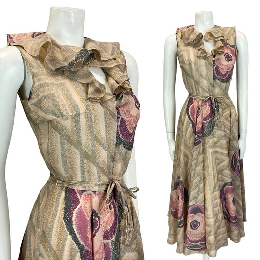 VTG 70S PINK GREY PURPLE GEOMETRIC ROSE RUFFLE V NECK TIE WAIST SWING DRESS 6 XS