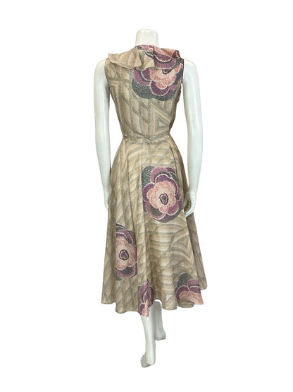 VTG 70S PINK GREY PURPLE GEOMETRIC ROSE RUFFLE V NECK TIE WAIST SWING DRESS 6 XS