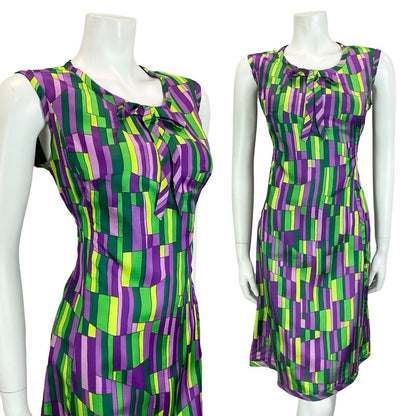VTG 60S MOD GOGO GREEN PURPLE GEOMETRIC TILED BOW MIDI SHIFT DRESS 12