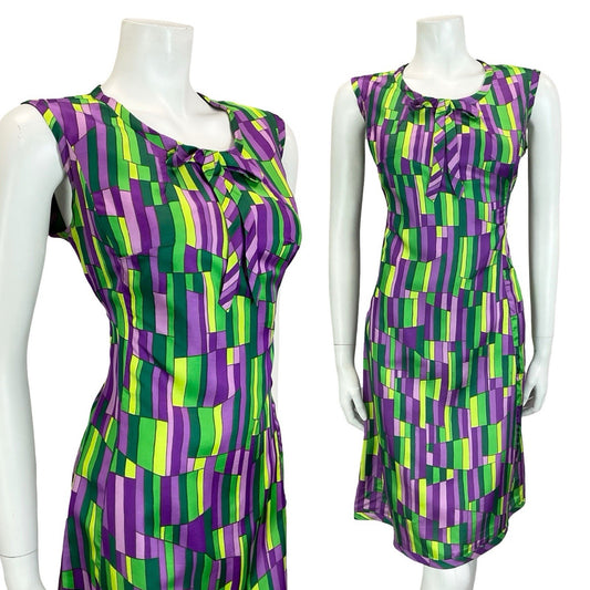 VTG 60S MOD GOGO GREEN PURPLE GEOMETRIC TILED BOW MIDI SHIFT DRESS 12
