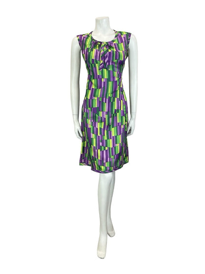VTG 60S MOD GOGO GREEN PURPLE GEOMETRIC TILED BOW MIDI SHIFT DRESS 12