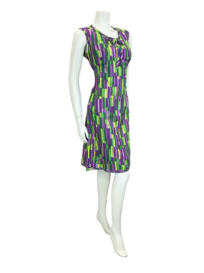 VTG 60S MOD GOGO GREEN PURPLE GEOMETRIC TILED BOW MIDI SHIFT DRESS 12