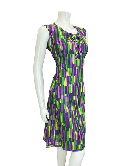 VTG 60S MOD GOGO GREEN PURPLE GEOMETRIC TILED BOW MIDI SHIFT DRESS 12