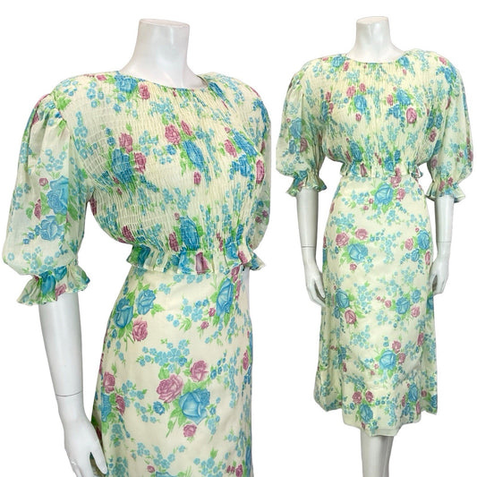 VTG 60S 70S CREAM BLUE PURPLE GREEN ROSE FLORAL RUCHED 1/2 SLEEVE TEA DRESS 10