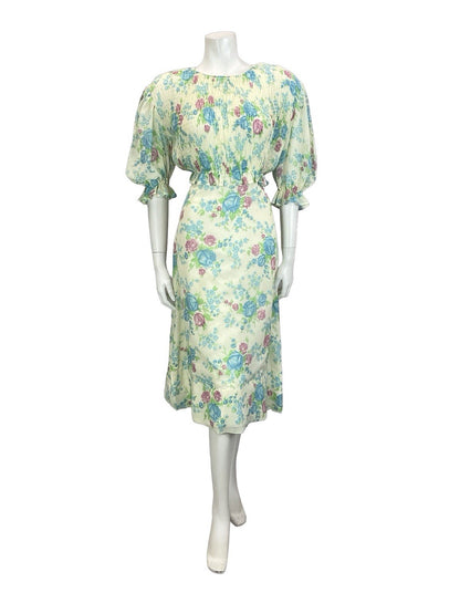 VTG 60S 70S CREAM BLUE PURPLE GREEN ROSE FLORAL RUCHED 1/2 SLEEVE TEA DRESS 10
