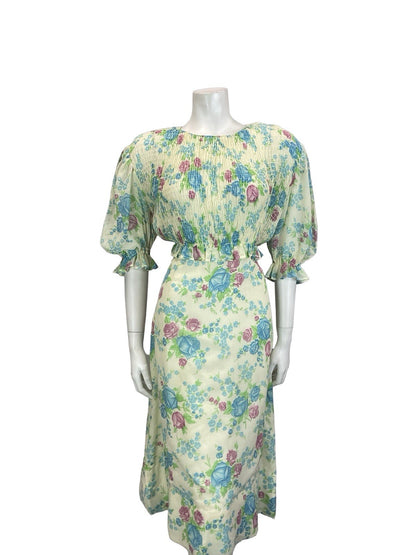 VTG 60S 70S CREAM BLUE PURPLE GREEN ROSE FLORAL RUCHED 1/2 SLEEVE TEA DRESS 10