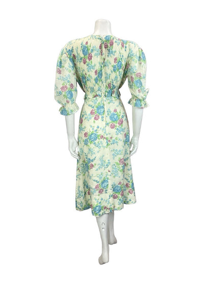 VTG 60S 70S CREAM BLUE PURPLE GREEN ROSE FLORAL RUCHED 1/2 SLEEVE TEA DRESS 10