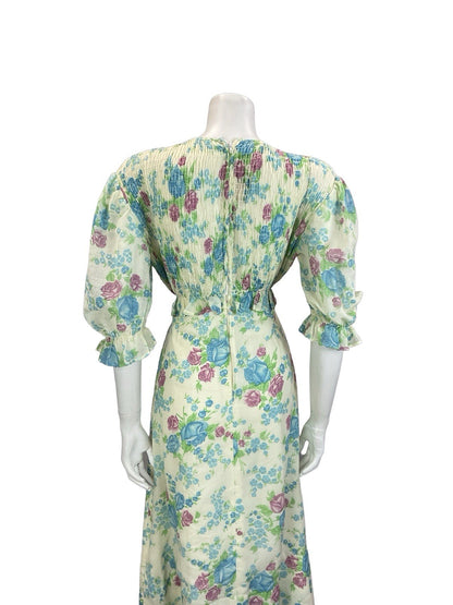 VTG 60S 70S CREAM BLUE PURPLE GREEN ROSE FLORAL RUCHED 1/2 SLEEVE TEA DRESS 10