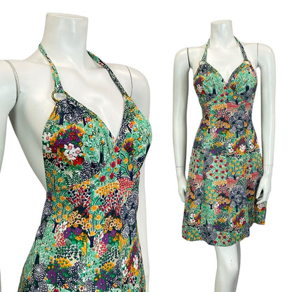 VTG 60S 70S GREEN BLUE PURPLE YELLOW FLORAL TREE SUMMER HALTER NECK DRESS 8