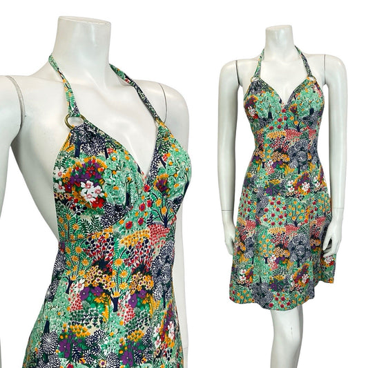 VTG 60S 70S GREEN BLUE PURPLE YELLOW FLORAL TREE SUMMER HALTER NECK DRESS 8