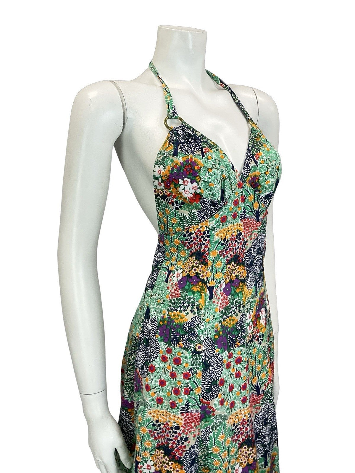 VTG 60S 70S GREEN BLUE PURPLE YELLOW FLORAL TREE SUMMER HALTER NECK DRESS 8