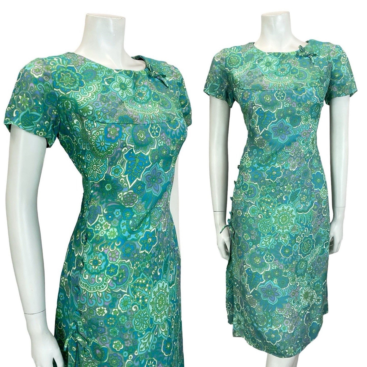 VTG 60S BLUE GREEN TEAL PURPE PSYCHEDELIC FLORAL MANDALA BOW PLEAT DRESS 12