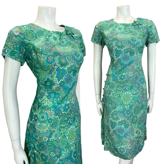 VTG 60S BLUE GREEN TEAL PURPE PSYCHEDELIC FLORAL MANDALA BOW PLEAT DRESS 12