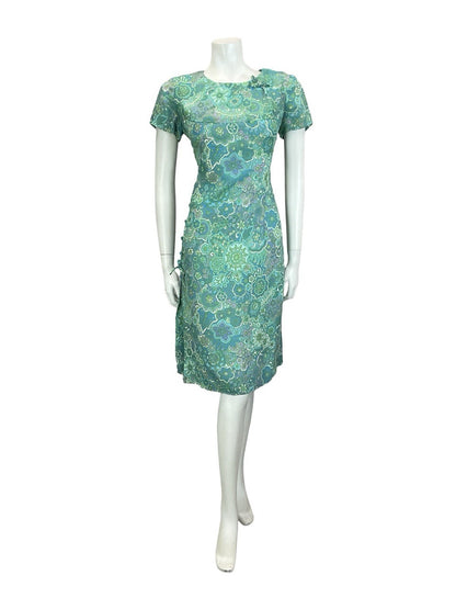 VTG 60S BLUE GREEN TEAL PURPE PSYCHEDELIC FLORAL MANDALA BOW PLEAT DRESS 12