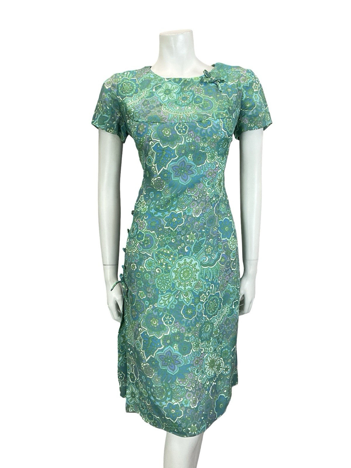VTG 60S BLUE GREEN TEAL PURPE PSYCHEDELIC FLORAL MANDALA BOW PLEAT DRESS 12