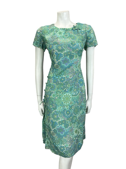 VTG 60S BLUE GREEN TEAL PURPE PSYCHEDELIC FLORAL MANDALA BOW PLEAT DRESS 12