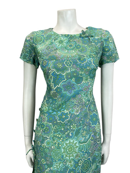 VTG 60S BLUE GREEN TEAL PURPE PSYCHEDELIC FLORAL MANDALA BOW PLEAT DRESS 12