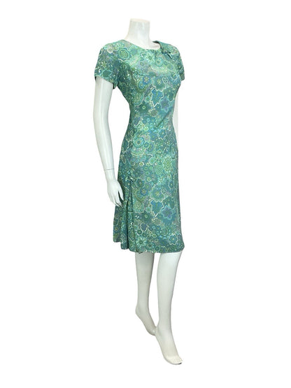VTG 60S BLUE GREEN TEAL PURPE PSYCHEDELIC FLORAL MANDALA BOW PLEAT DRESS 12