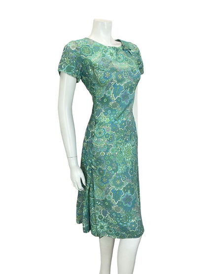 VTG 60S BLUE GREEN TEAL PURPE PSYCHEDELIC FLORAL MANDALA BOW PLEAT DRESS 12