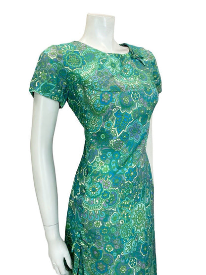VTG 60S BLUE GREEN TEAL PURPE PSYCHEDELIC FLORAL MANDALA BOW PLEAT DRESS 12