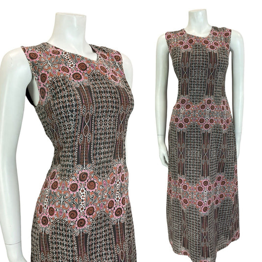 VTG 60S 70S BLACK PINK BROWN WHITE GEOMETRIC PSYCHEDELIC FLORAL MIDI DRESS 10