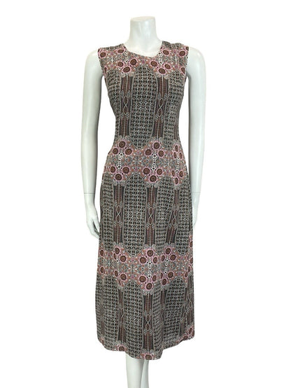 VTG 60S 70S BLACK PINK BROWN WHITE GEOMETRIC PSYCHEDELIC FLORAL MIDI DRESS 10