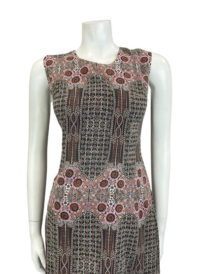 VTG 60S 70S BLACK PINK BROWN WHITE GEOMETRIC PSYCHEDELIC FLORAL MIDI DRESS 10