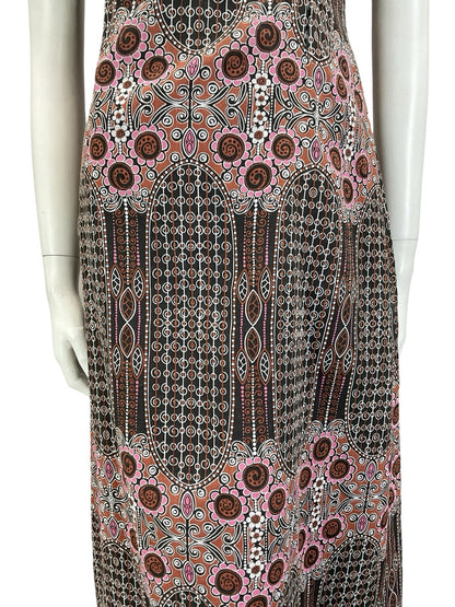VTG 60S 70S BLACK PINK BROWN WHITE GEOMETRIC PSYCHEDELIC FLORAL MIDI DRESS 10